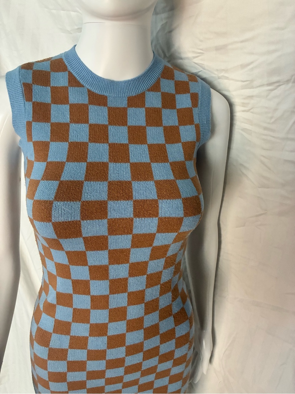 Willow & Wind Sleeveless Checker Knit Mini Dress - Blue & Brown